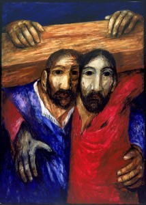 Simon von Cyrene hilft Jesus das Kreuz tragen. 5. Kreuzwegstation